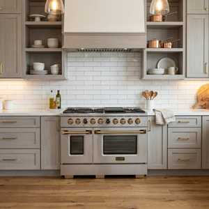 Kucht 48" 6.7 cu. ft. 8 Burner Natural Gas Dual Fuel Range in Stainless Steel with Gold Accents and Digital Thermostat