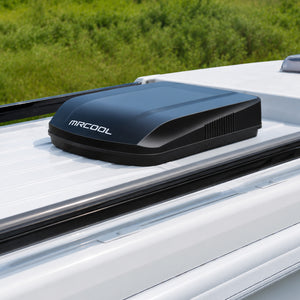 MRCOOL TravelCool 15,000 BTU RV heat pump, black - installed on an RV roof