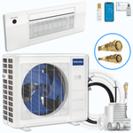 Air conditioning unit with indoor and outdoor components, hoses, and connectors on a white background.