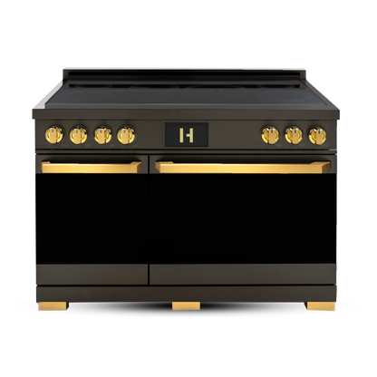 Induction Hardware Luxury Series Orion Edition 48-Inch 7.7 Cu. Ft. Double Oven Induction Range, Self-Cleaning, Black Stainless Steel with Gold Accents, S-IR48-BS-ORION
