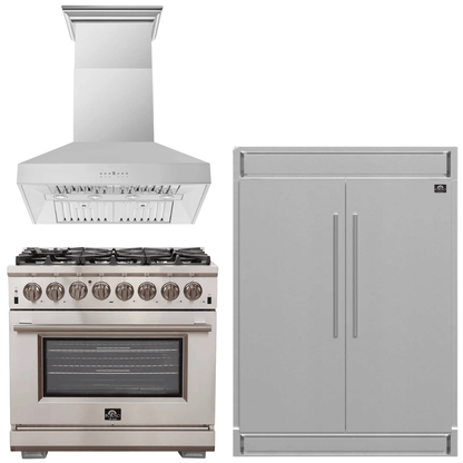 FORNO Appliance Package - 36 Inch Gas Burner/Electric Oven Pro Range, Wall Mount Range Hood, Refrigerator, AP-FFSGS6187-36-W-4