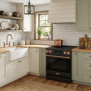 Gordon Ramsay by THOR Kitchen 30" 4.55 cu. ft. Professional Electric Range with Tilt Panel Touch Control, Self-Clean and Air Fry in Matte Black with Rose Gold Accents, RSE30B-RSG