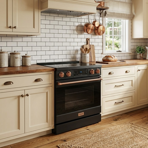 Gordon Ramsay by THOR Kitchen 36" 6.0 cu. ft. Professional Electric Range with Tilt Panel Touch Control, Self-Clean and Air Fry in Matte Black with Rose Gold Accents, RSE36B-RSG