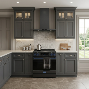 Gordon Ramsay by THOR Kitchen 30" 4.55 cu. ft. Professional Electric Range with Tilt Panel Touch Control, Self-Clean and Air Fry in Matte Black with Navy Blue Accents, RSE30B-BLU