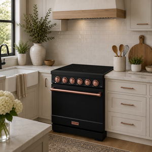 Gordon Ramsay by THOR Kitchen 30 Inch Professional Electric Range, 5 Element, Convection Oven in Matte Black with Rose Gold Accents, RSE30PB-RSG