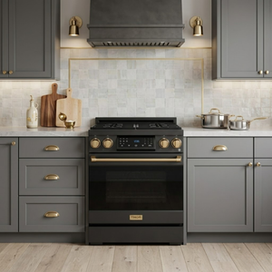 Gordon Ramsay by THOR Kitchen 30" 4.55 cu. ft. Professional Natural Gas Range with Tilt Panel Touch Control and Self-Clean in Matte Black with Bronze Accents, RSG30B-BRZ
