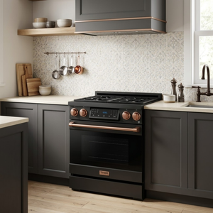 Gordon Ramsay by THOR Kitchen 30" 4.55 cu. ft. Professional Natural Gas Range with Tilt Panel Touch Control and Self-Clean in Matte Black with Rose Gold Accents, RSG30B-RSG