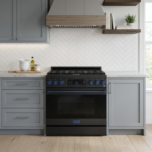 Gordon Ramsay by THOR Kitchen 36" 6.0 cu. ft. Professional Natural Gas Range with Tilt Panel Touch Control, Self-Clean and Air Fry in Matte Black with Navy Blue Accents, RSG36B-BLU