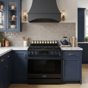 Gordon Ramsay by THOR Kitchen 36" 6.0 cu. ft. Professional Propane Gas Range with Tilt Panel Touch Control, Self-Clean and Air Fry in Matte Black with Navy Blue Accents, RSG36BLP-BLU
