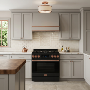 Gordon Ramsay by THOR Kitchen 36" 6.0 cu. ft. Professional Propane Gas Range with Tilt Panel Touch Control, Self-Clean and Air Fry in Matte Black with Rose Gold Accents, RSG36BLP-RSG