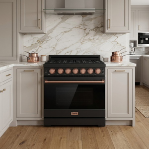 Gordon Ramsay by THOR Kitchen 36" 6 cu. ft. Professional Natural Gas Range with 6 Sealed Burners in Black with Rose Gold Accents, RSG36PB-RSG
