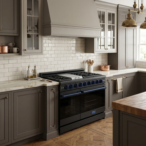 Gordon Ramsay by THOR Kitchen 48" 6.8 cu. ft. Professional Propane Gas Range in Matte Black with Navy Blue Accents, RSG48EBLP-BLU