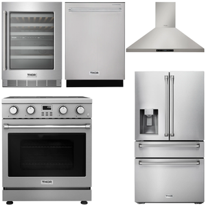THOR Kitchen Package - 30" Electric Range, Range Hood, Refrigerator with Water and Ice Dispenser, Dishwasher, Wine Cooler, AP-ARE30-11