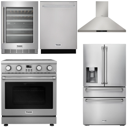 THOR Kitchen Package - 30" Electric Range, Range Hood, Refrigerator with Water and Ice Dispenser, Dishwasher, Wine Cooler, AP-ARE30-11