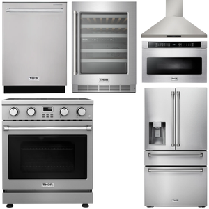 THOR Kitchen Package - 30" Electric Range, Range Hood, Microwave, Refrigerator with Water and Ice Dispenser, Dishwasher, Wine Cooler, AP-ARE30-14