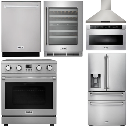 THOR Kitchen Package - 30" Electric Range, Range Hood, Microwave, Refrigerator with Water and Ice Dispenser, Dishwasher, Wine Cooler, AP-ARE30-14