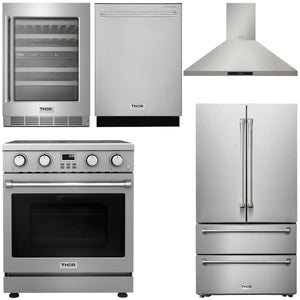THOR Kitchen Package - 30" Electric Range, Range Hood, Refrigerator, Dishwasher, Wine Cooler, AP-ARE30-4