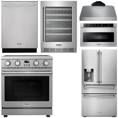 THOR Kitchen Package - 30" Electric Range, Range Hood, Microwave, Refrigerator with Water and Ice Dispenser, Dishwasher, Wine Cooler, AP-ARE30-C-10