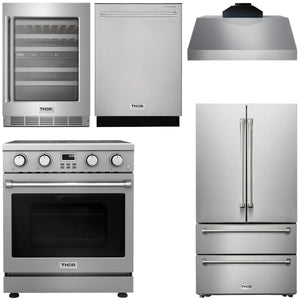 THOR Kitchen Package - 30" Electric Range, Range Hood, Refrigerator, Dishwasher, Wine Cooler, AP-ARE30-C-3