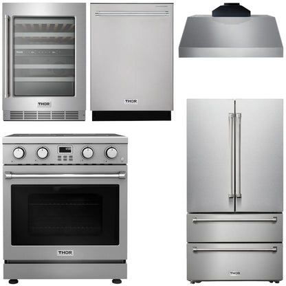 THOR Kitchen Package - 30" Electric Range, Range Hood, Refrigerator, Dishwasher, Wine Cooler, AP-ARE30-C-3