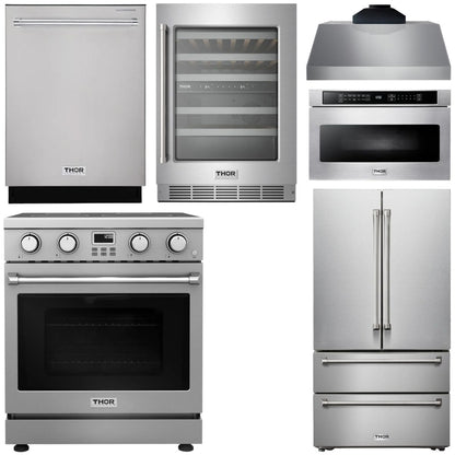 THOR Kitchen Package - 30" Electric Range, Range Hood, Microwave, Refrigerator, Dishwasher, Wine Cooler, AP-ARE30-C-6