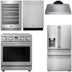 THOR Kitchen Package - 30" Electric Range, Range Hood, Refrigerator with Water and Ice Dispenser, Dishwasher, Wine Cooler, AP-ARE30-C-8