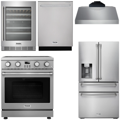 THOR Kitchen Package - 30" Electric Range, Range Hood, Refrigerator with Water and Ice Dispenser, Dishwasher, Wine Cooler, AP-ARE30-C-8