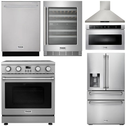 THOR Kitchen Package - 30" Electric Range, Range Hood, Microwave, Refrigerator with Water and Ice Dispenser, Dishwasher, Wine Cooler, AP-ARE30-W-10