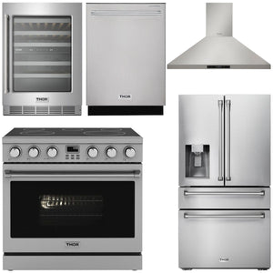 THOR Kitchen Package - 36" Electric Range, Range Hood, Refrigerator with Water and Ice Dispenser, Dishwasher, Wine Cooler, AP-ARE36-11