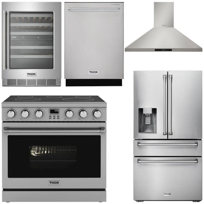 THOR Kitchen Package - 36" Electric Range, Range Hood, Refrigerator with Water and Ice Dispenser, Dishwasher, Wine Cooler, AP-ARE36-11
