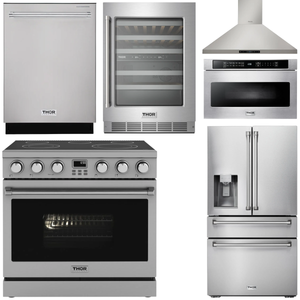 THOR Kitchen Package - 36" Electric Range, Range Hood, Microwave, Refrigerator with Water and Ice Dispenser, Dishwasher, Wine Cooler, AP-ARE36-14