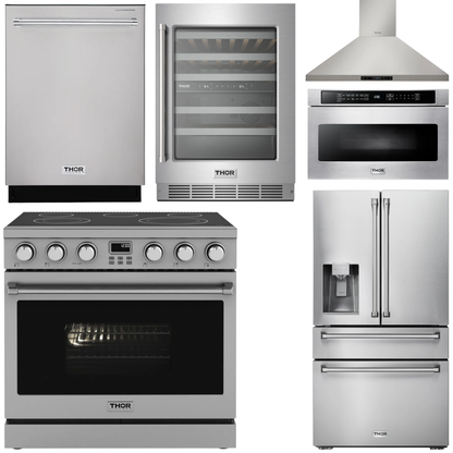 THOR Kitchen Package - 36" Electric Range, Range Hood, Microwave, Refrigerator with Water and Ice Dispenser, Dishwasher, Wine Cooler, AP-ARE36-14