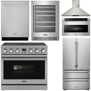 THOR Kitchen Package - 36" Electric Range, Range Hood, Microwave, Refrigerator, Dishwasher, Wine Cooler, AP-ARE36-8