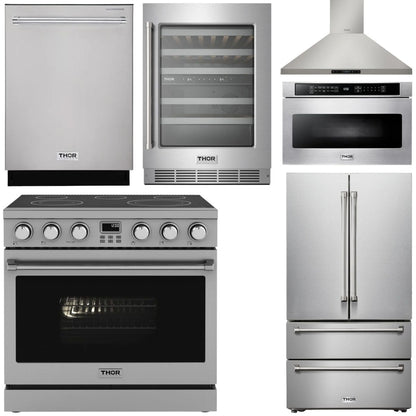 THOR Kitchen Package - 36" Electric Range, Range Hood, Microwave, Refrigerator, Dishwasher, Wine Cooler, AP-ARE36-8