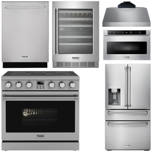 THOR Kitchen Package - 36" Electric Range, Range Hood, Microwave, Refrigerator with Water and Ice Dispenser, Dishwasher, Wine Cooler, AP-ARE36-C-10