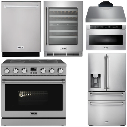 THOR Kitchen Package - 36" Electric Range, Range Hood, Microwave, Refrigerator with Water and Ice Dispenser, Dishwasher, Wine Cooler, AP-ARE36-C-10
