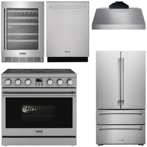 THOR Kitchen Package - 36" Electric Range, Range Hood, Refrigerator, Dishwasher, Wine Cooler, AP-ARE36-C-3
