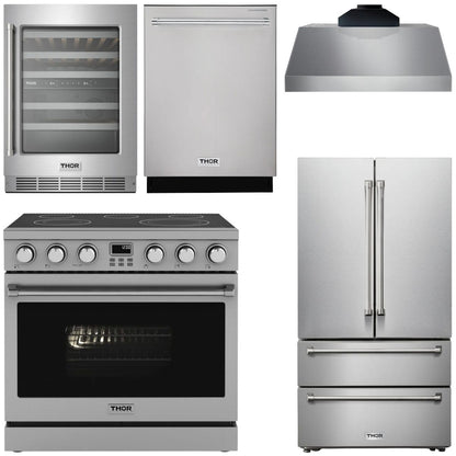 THOR Kitchen Package - 36" Electric Range, Range Hood, Refrigerator, Dishwasher, Wine Cooler, AP-ARE36-C-3