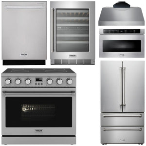 THOR Kitchen Package - 36" Electric Range, Range Hood, Microwave, Refrigerator, Dishwasher, Wine Cooler, AP-ARE36-C-6