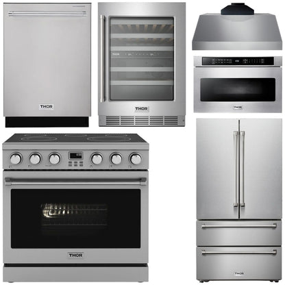 THOR Kitchen Package - 36" Electric Range, Range Hood, Microwave, Refrigerator, Dishwasher, Wine Cooler, AP-ARE36-C-6