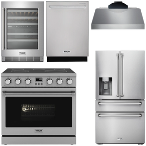 THOR Kitchen Package - 36" Electric Range, Range Hood, Refrigerator with Water and Ice Dispenser, Dishwasher, Wine Cooler, AP-ARE36-C-8
