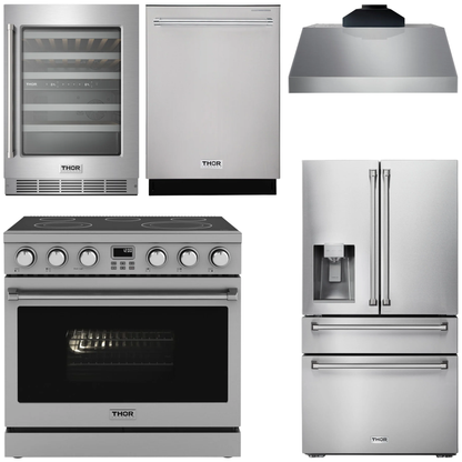 THOR Kitchen Package - 36" Electric Range, Range Hood, Refrigerator with Water and Ice Dispenser, Dishwasher, Wine Cooler, AP-ARE36-C-8