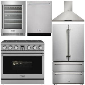 THOR Contemporary Package - 36" Electric Range, Range Hood, Refrigerator, Dishwasher and Wine Cooler, AP-ARE36-C100