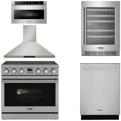 THOR Contemporary Package - 36" Electric Range, Range Hood, Dishwasher, Microwave and Wine Cooler, AP-ARE36-C109