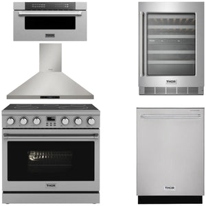 THOR Contemporary Package - 36" Electric Range, Range Hood, Dishwasher, Microwave and Wine Cooler, AP-ARE36-C110