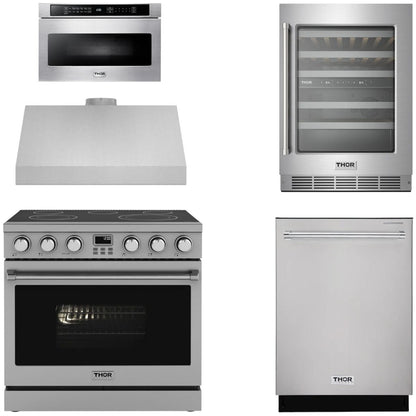 THOR Contemporary Package - 36" Electric Range, Range Hood, Dishwasher, Microwave and Wine Cooler, AP-ARE36-C113