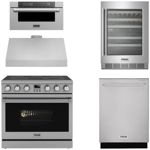 THOR Contemporary Package - 36" Electric Range, Range Hood, Dishwasher, Microwave and Wine Cooler, AP-ARE36-C114