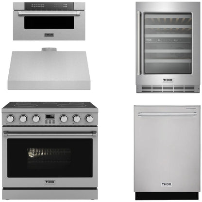THOR Contemporary Package - 36" Electric Range, Range Hood, Dishwasher, Microwave and Wine Cooler, AP-ARE36-C114