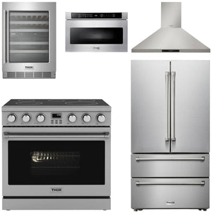 THOR Contemporary Package - 36" Electric Range, Range Hood, Refrigerator, Microwave and Wine Cooler, AP-ARE36-C115