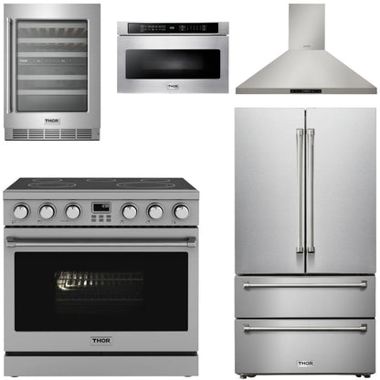 THOR Contemporary Package - 36" Electric Range, Range Hood, Refrigerator, Microwave and Wine Cooler, AP-ARE36-C115